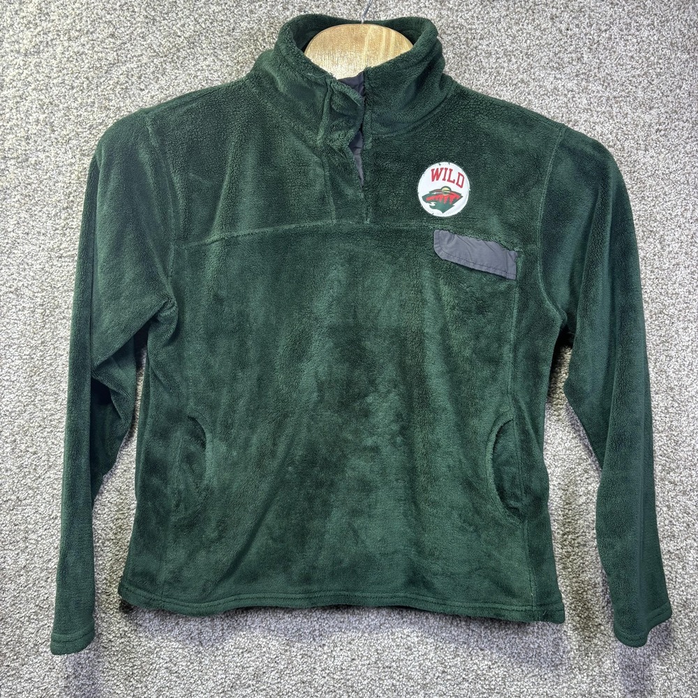 NHL Minnesota Wild Mens‎ XL Green Fleece Faux Fur Quarter Snap Pullover Jacket